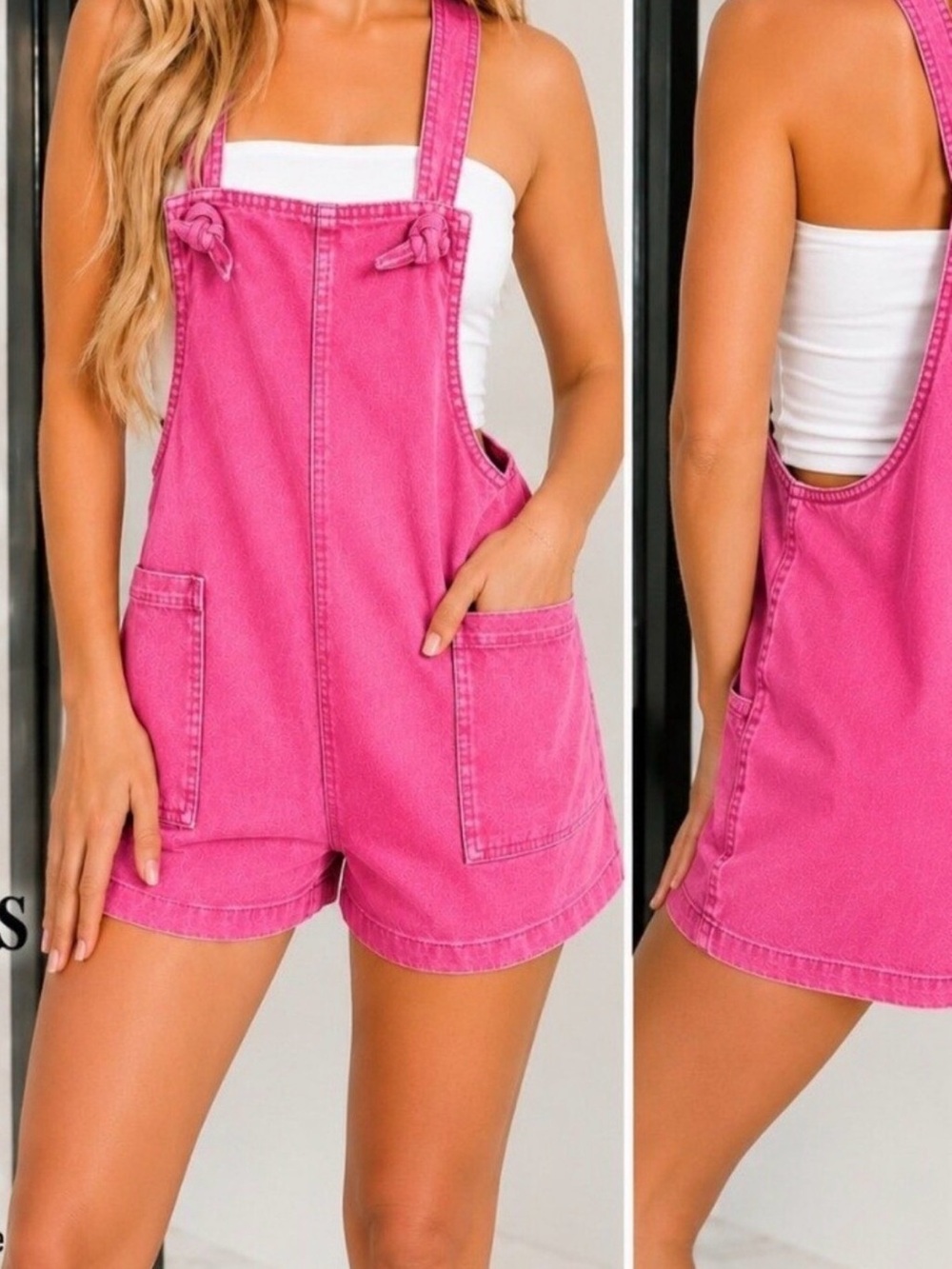 White denim Short Overalls Romper tie knot zenana large - Picture 2 of 2